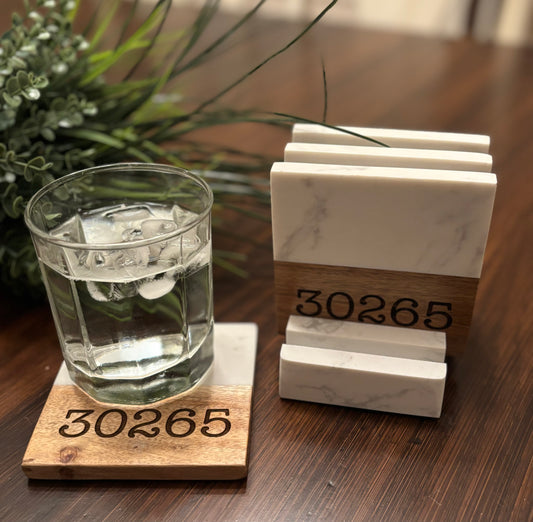 Marble and acacia coasters with stand